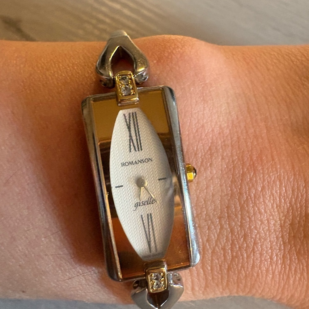 Rare Romanson white and yellow 23K  Gold plated sapphire  Crystal Watch